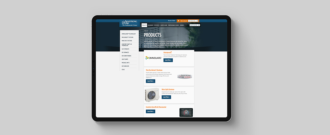 A tablet displaying armstrongair.com